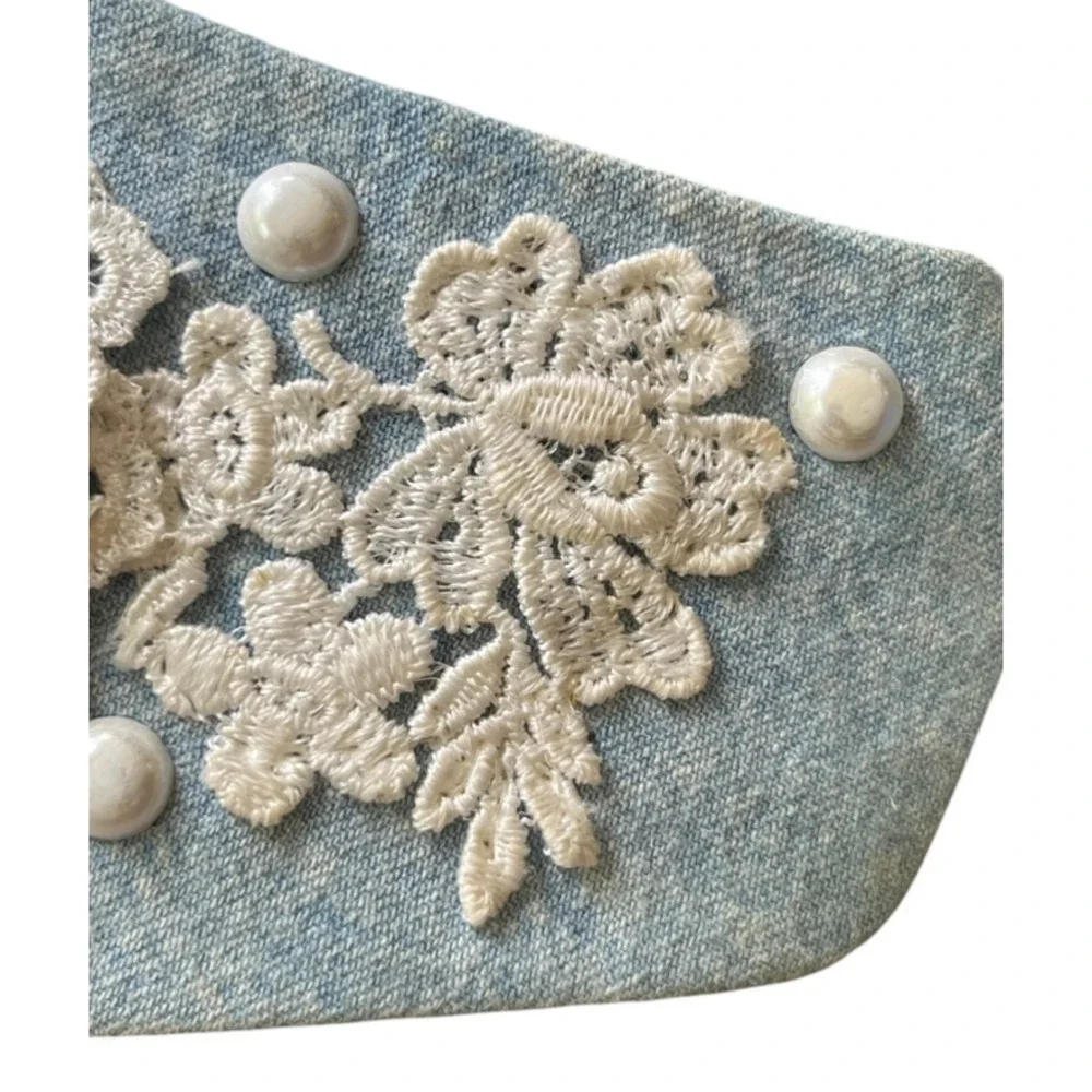 Vtg V-FRONT CUMMERBUND BELT Blue Acid Washed Denim Pearls Crochet Flower Lace
